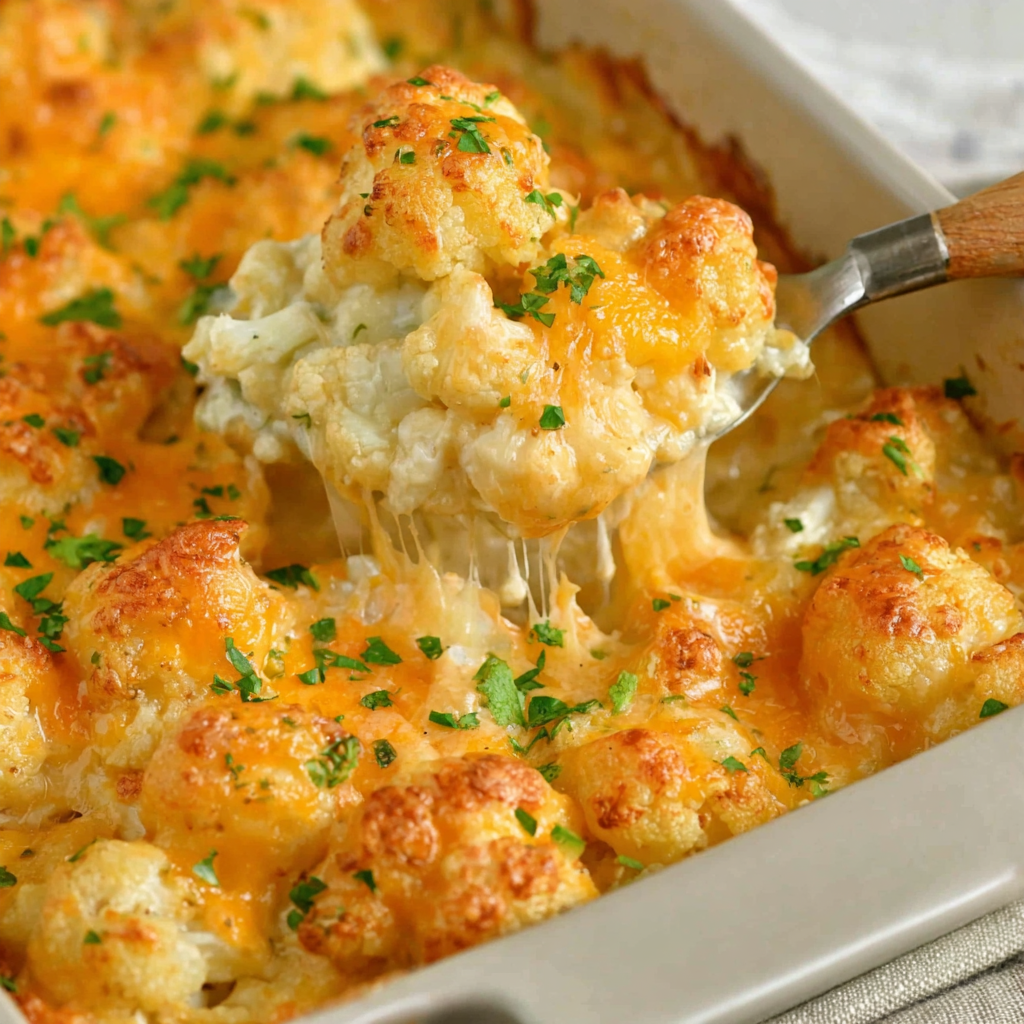 Close-up of roasted cauliflower coated in creamy cheddar sauce