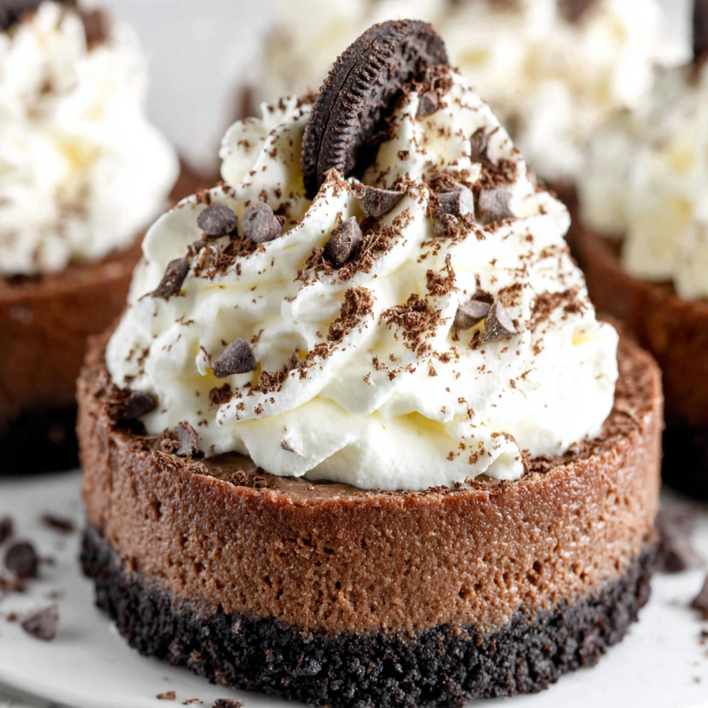 Close-up of creamy mini mocha cheesecakes with cocoa dusting