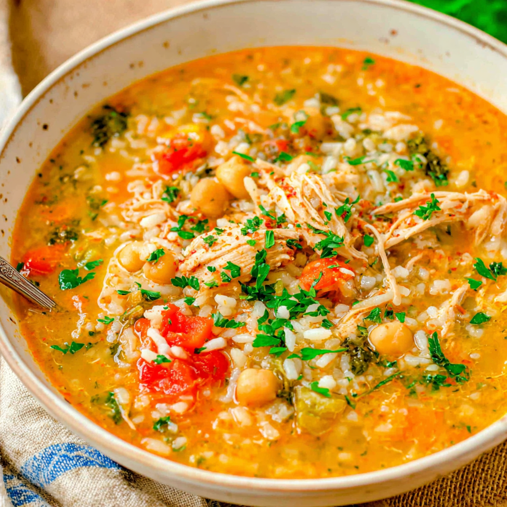 Ladle serving chicken and chickpea soup from an Instant Pot