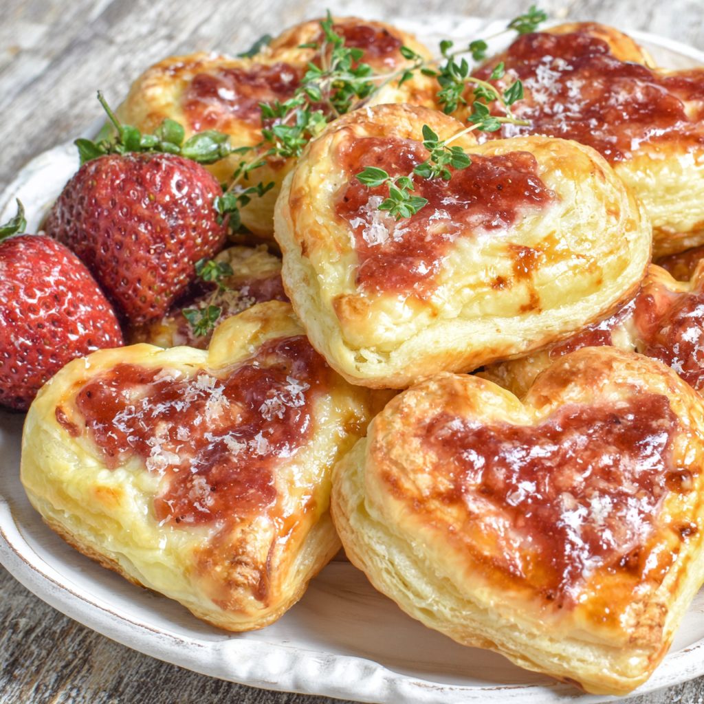 Close-up of a strawberry jam swirl and mascarpone on puff pastry hearts