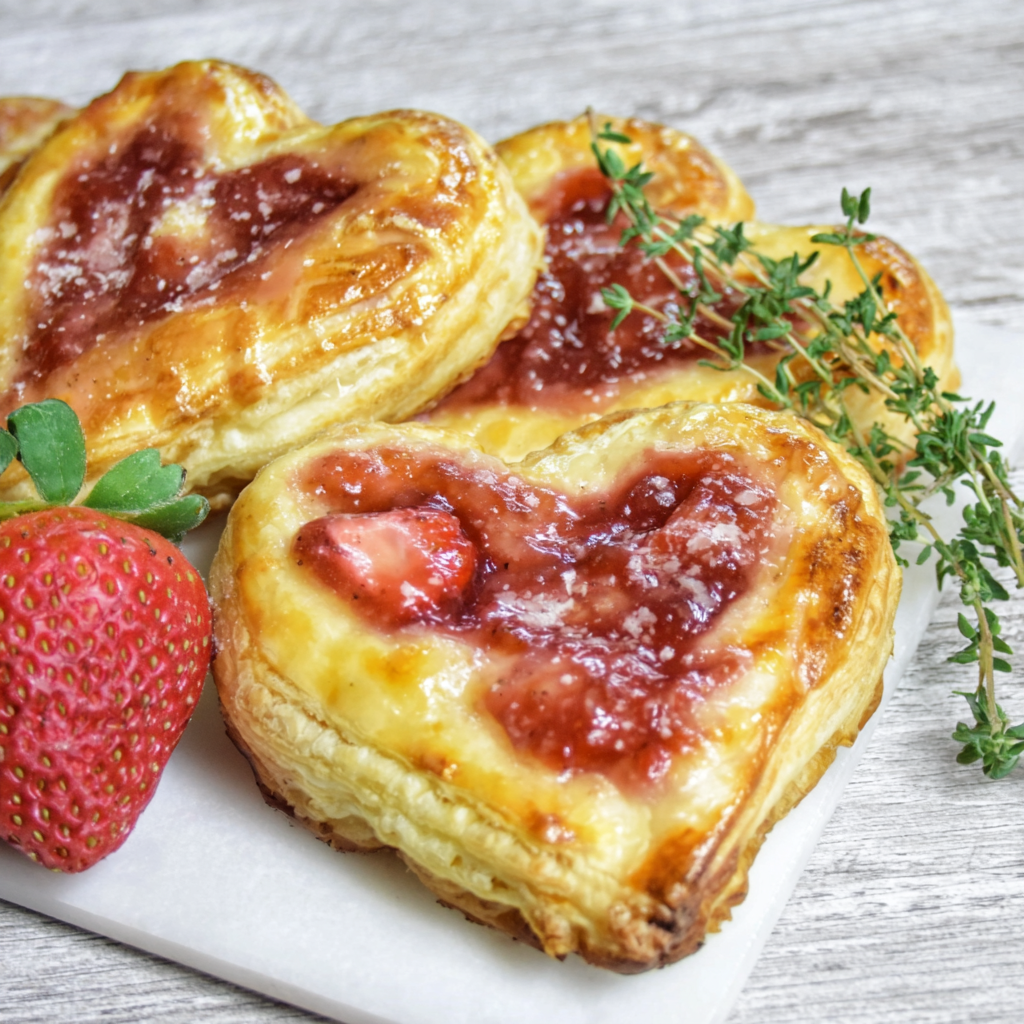 Heart-shaped pastries on a cooling rack with thyme leaves