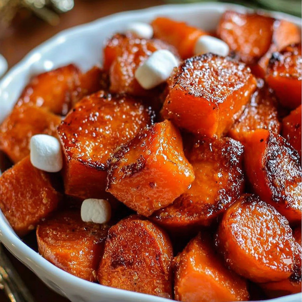 Baking dish of candied sweet potatoes glazed with brown sugar