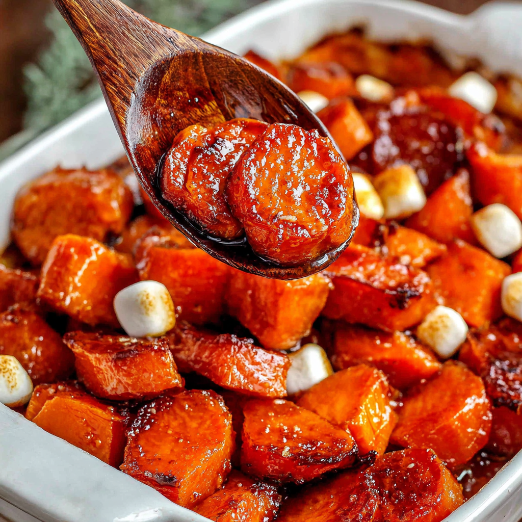 Close-up of glazed candied yams with optional marshmallows