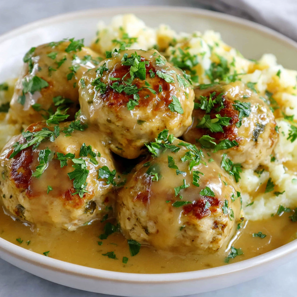 The BEST Turkey Meatballs with Herbed Gravy