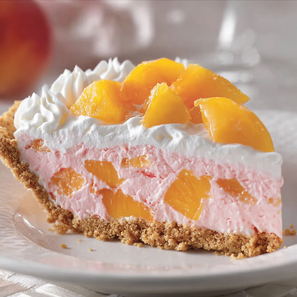 Sliced peach garnish on Cool Whip pie