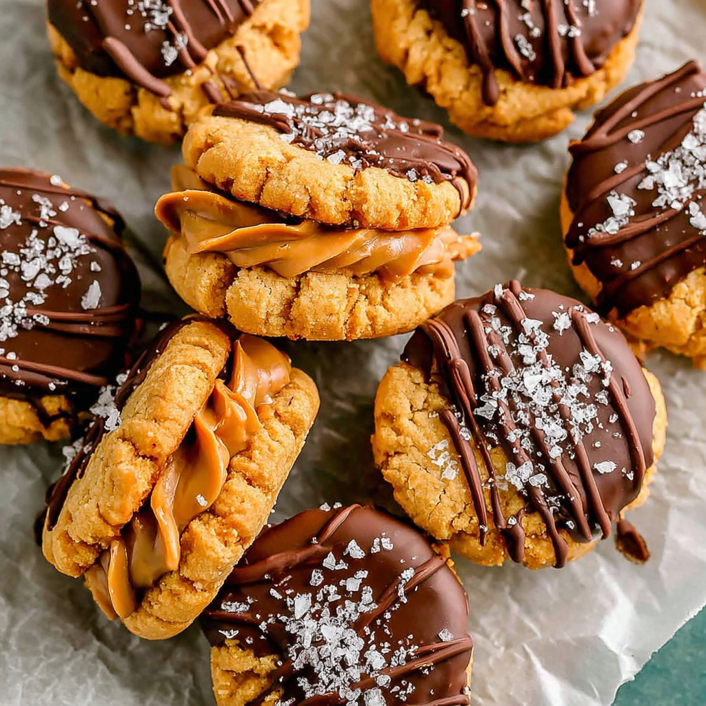 Chocolate dipped peanut butter cookie with flaky sea salt