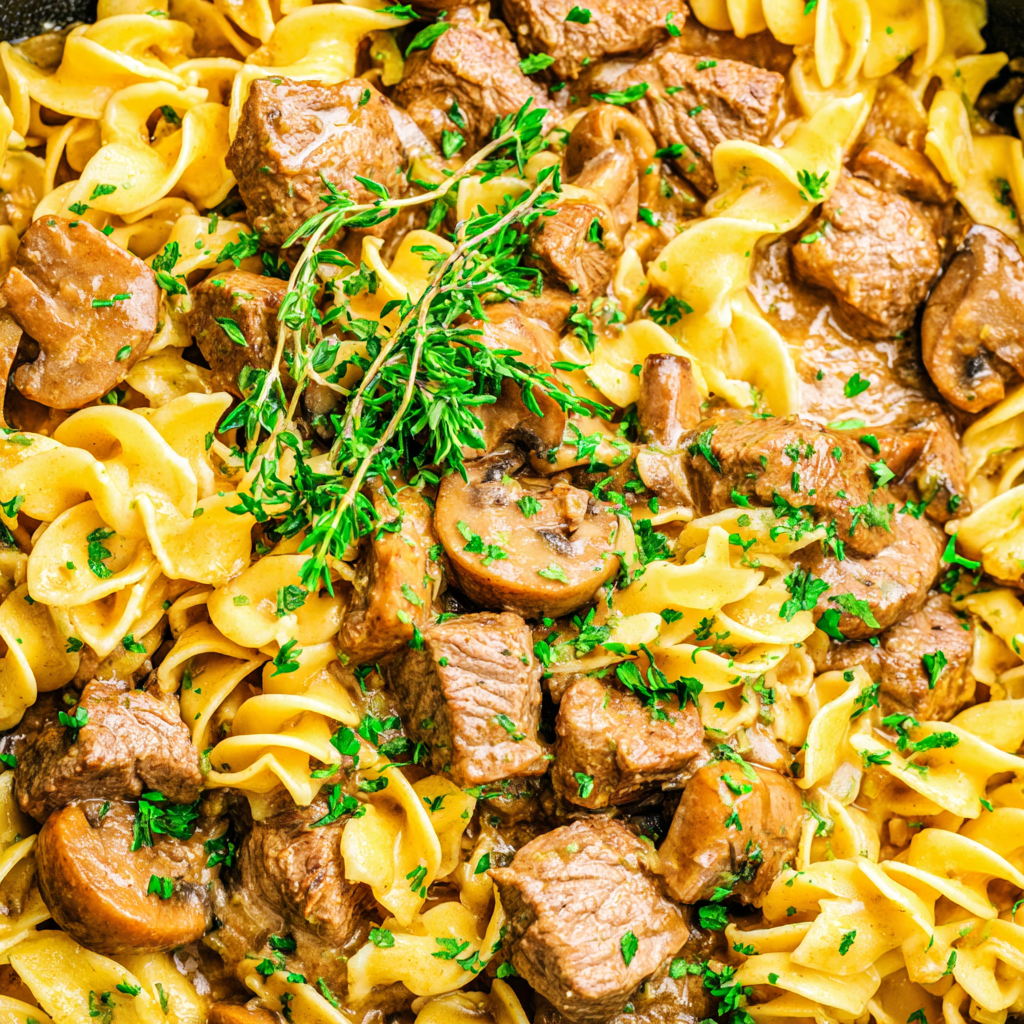 Slow cooker beef stroganoff in a bowl over noodles