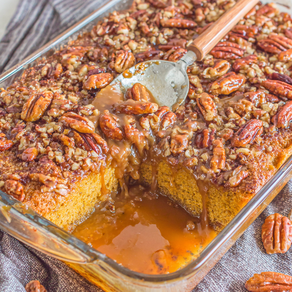Pumpkin pecan cobbler in loaf pan with crunchy pecan topping