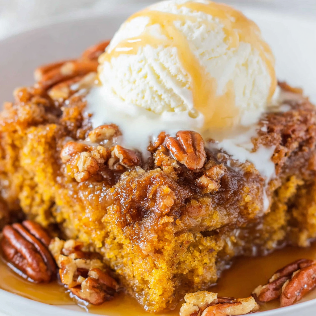 Close-up of pumpkin cobbler slice with ice cream
