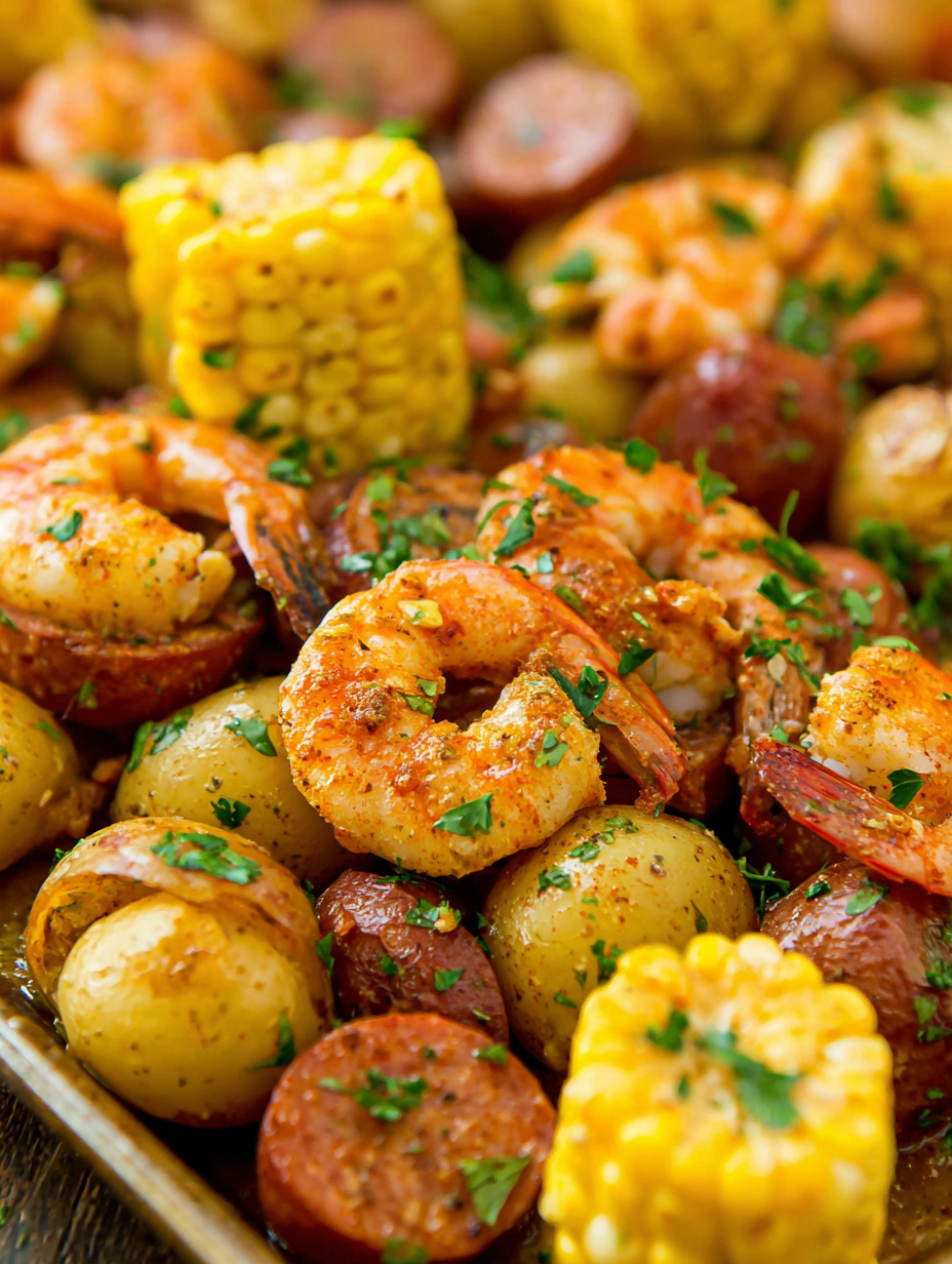 Close up of shrimp and andouille sausage on sheet pan