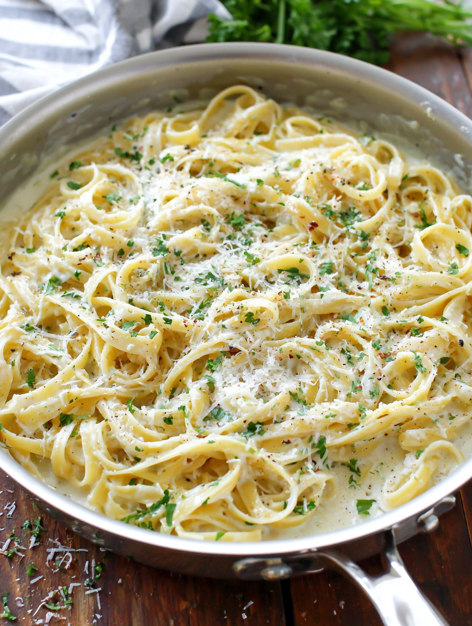 One pot garlic parmesan pasta in skillet