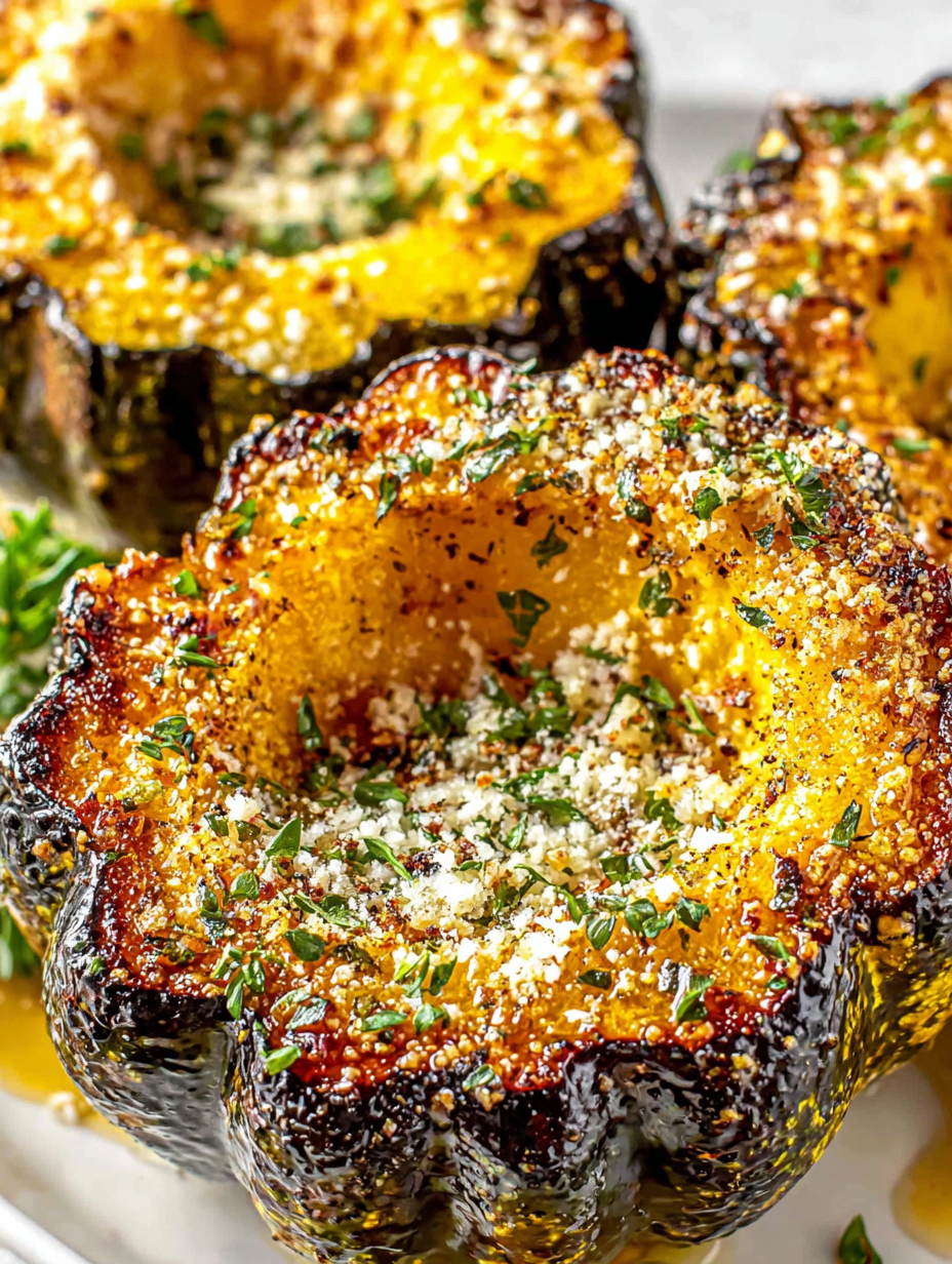 Acorn squash slices arranged on a baking tray with parmesan and herbs