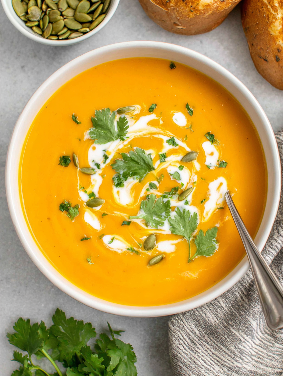 Creamy sweet potato soup in a bowl with cream swirl
