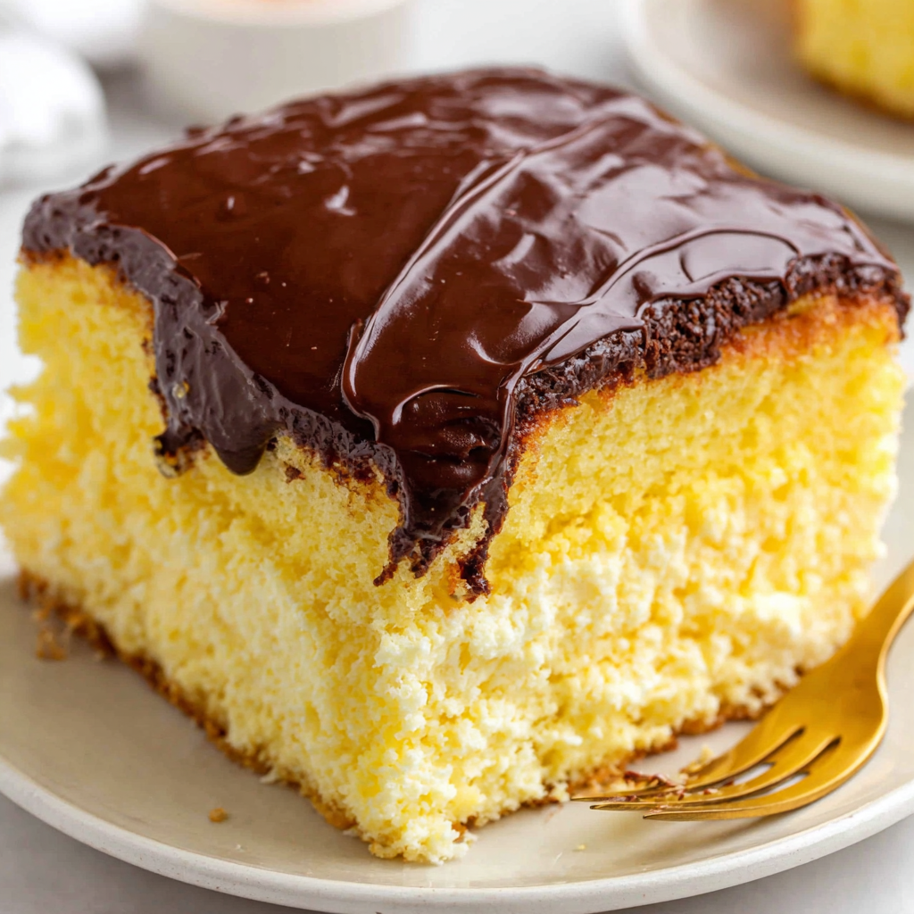Close-up of a forkful of Boston cream poke cake showing layers