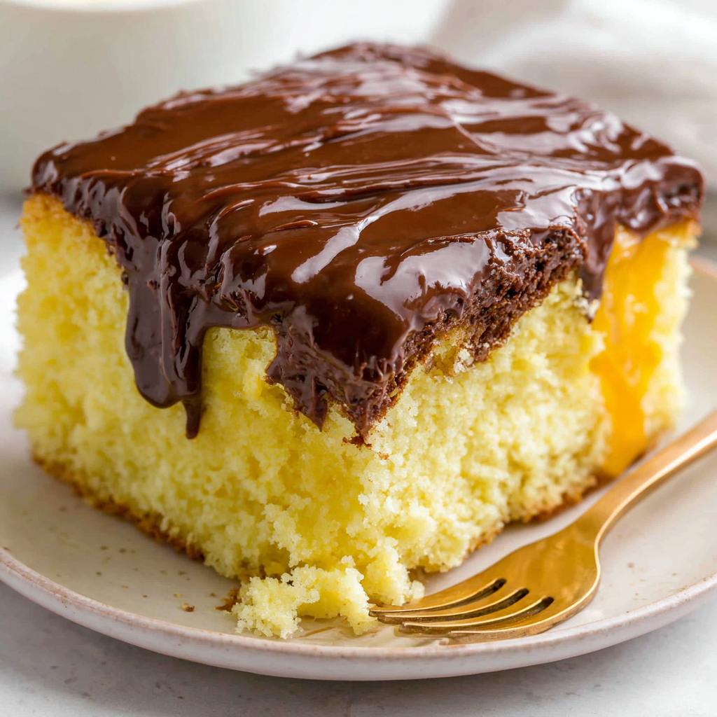 A plated slice of Boston cream poke cake with glossy chocolate topping