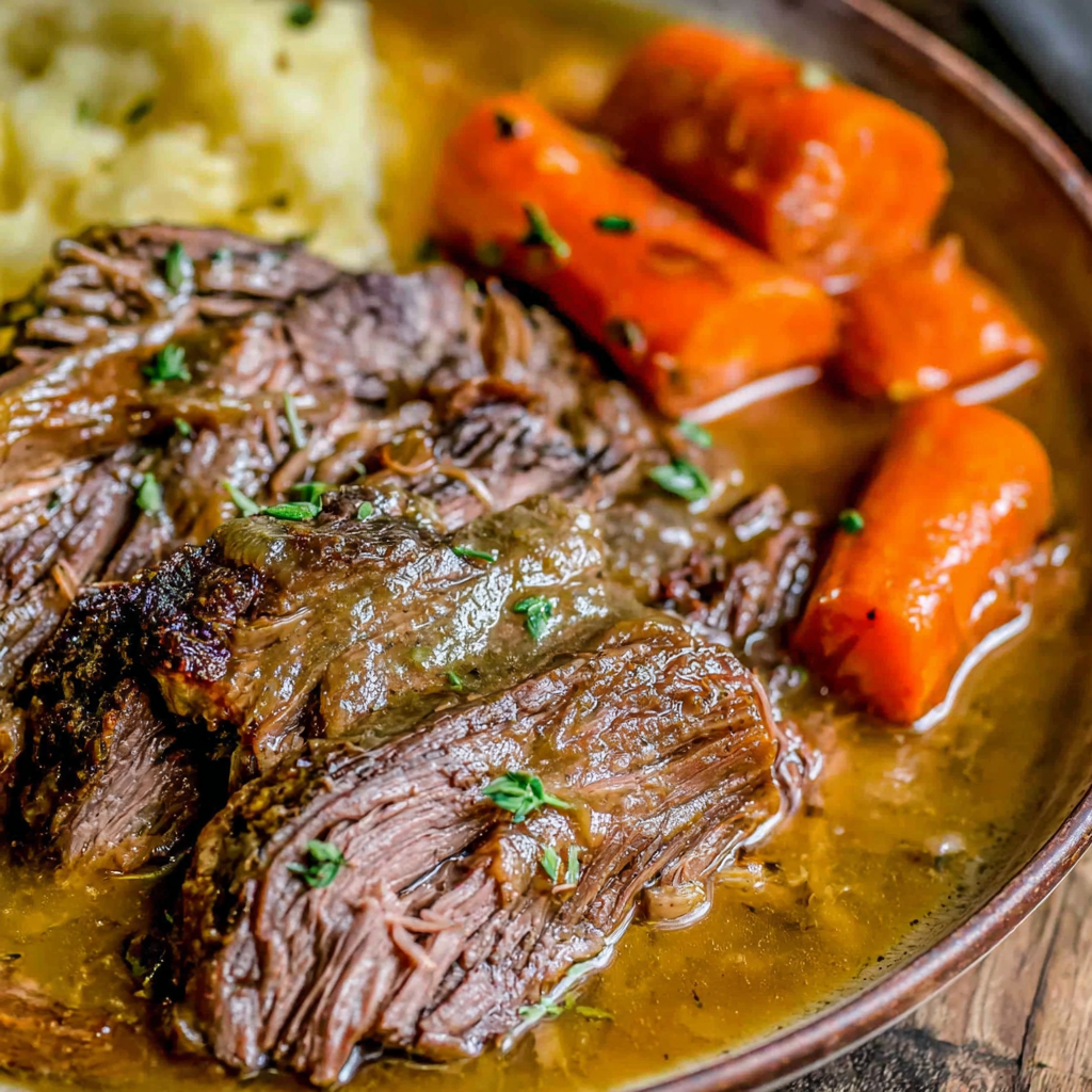 Slow cooker pot roast with carrots in a serving platter