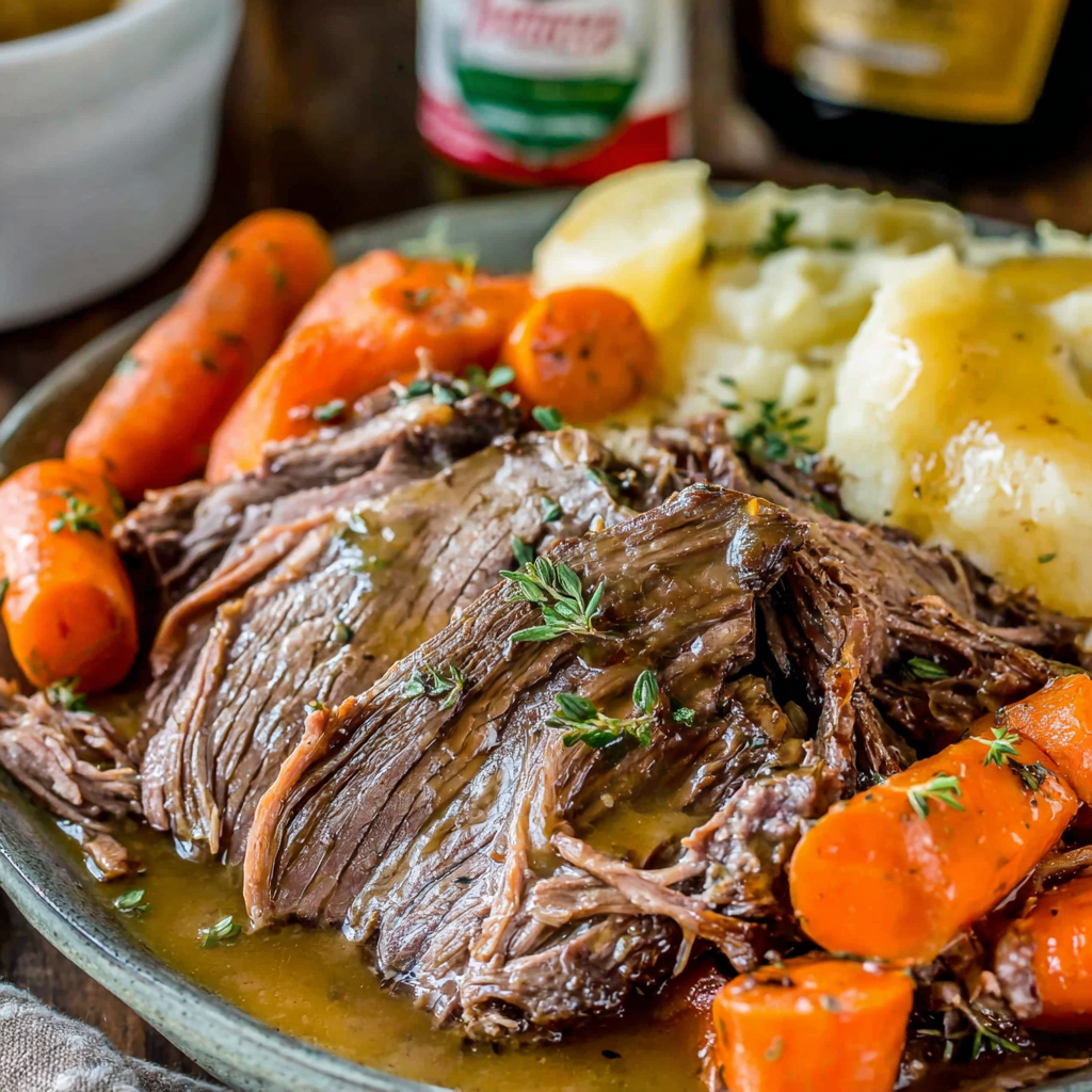 Plated pot roast with mashed potatoes and carrots