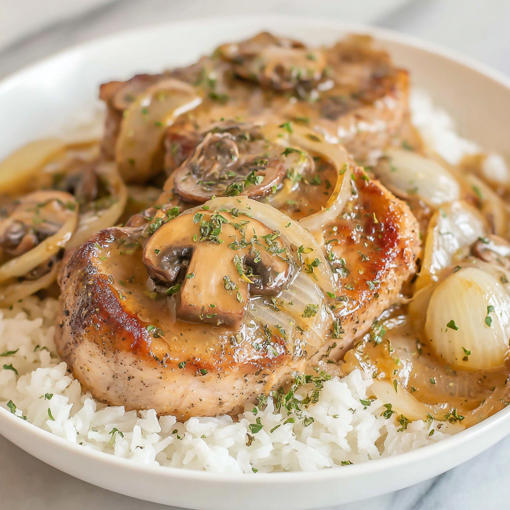 Slow Cooker Bone-in Pork Chops with Mushrooms & Onions