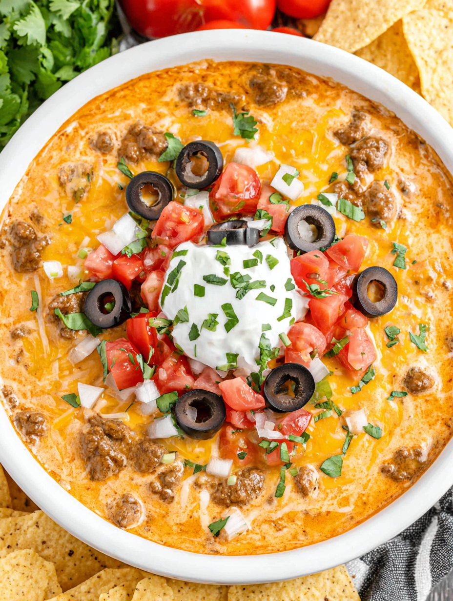 Spoon lifting cheesy taco dip from crockpot