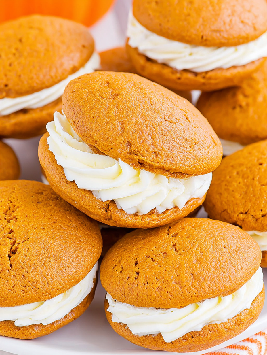 Close-up of a pumpkin whoopie pie split to show filling
