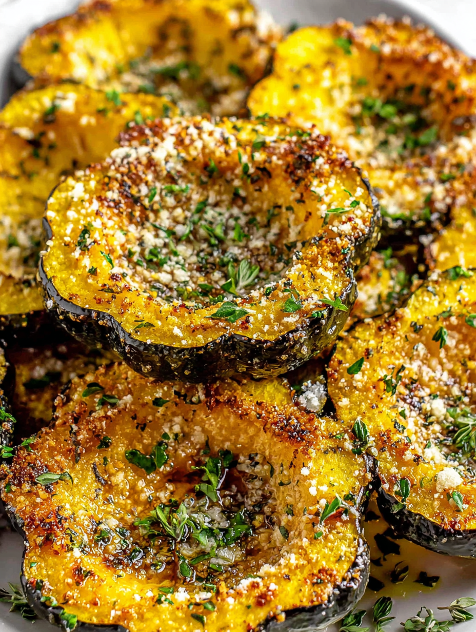 Plated roasted acorn squash slices with herbs