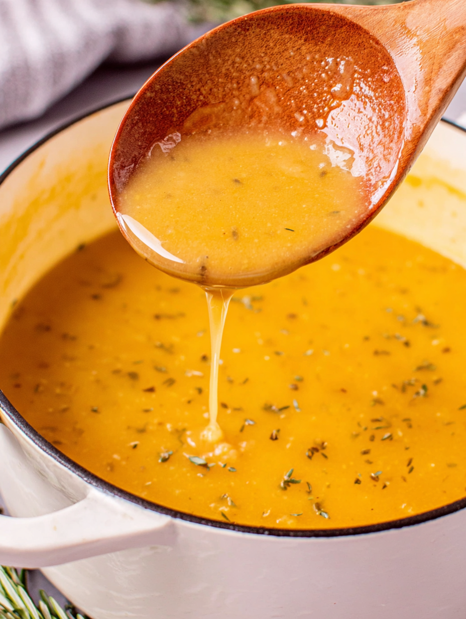 Easy chicken broth gravy in a white sauce pan spooned over mashed potatoes
