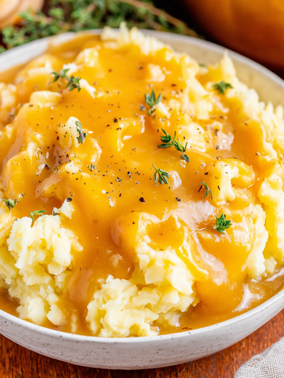 Whisk and saucepan with gravy cooking