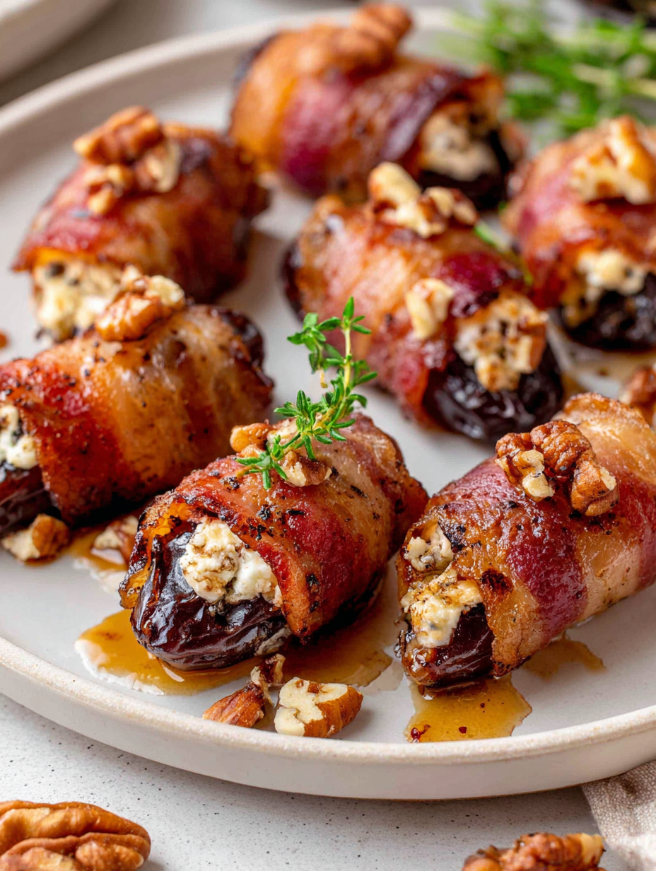 Bacon wrapped dates resting on a parchment-lined tray
