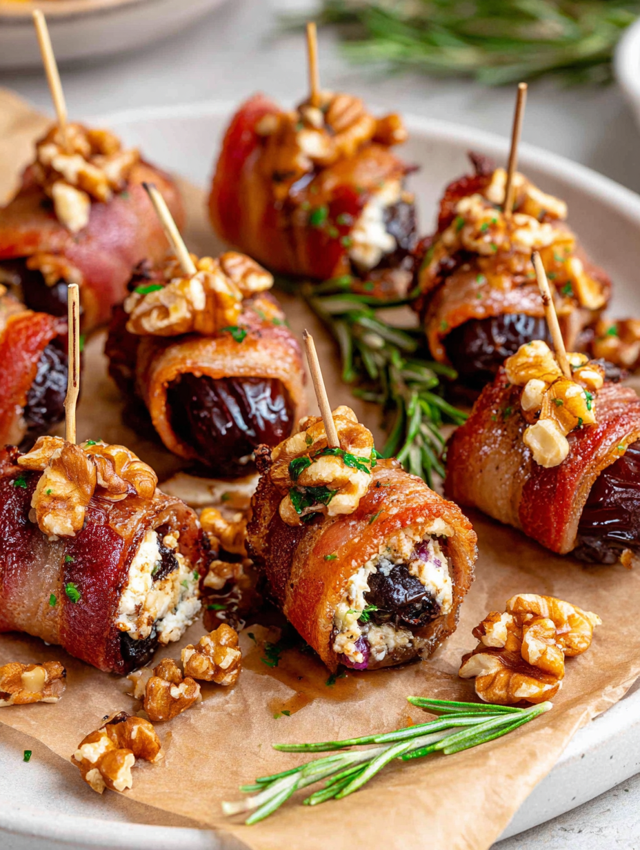 Close-up of a stuffed date sliced to show goat cheese and chopped nuts