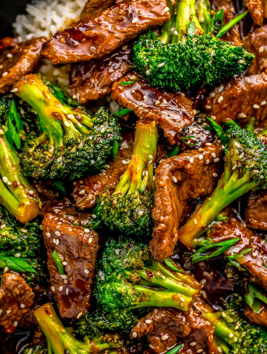 Beef and broccoli sizzling in skillet