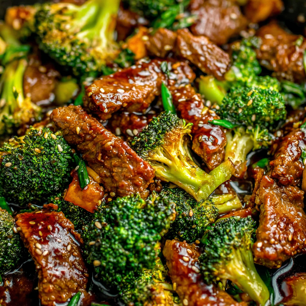 Finished beef and broccoli plated with rice