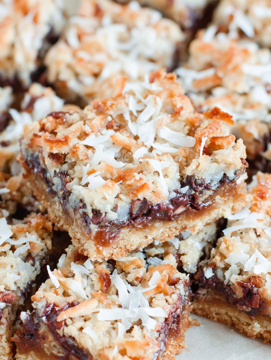 Close-up of cut 7-layer bars on a cooling rack