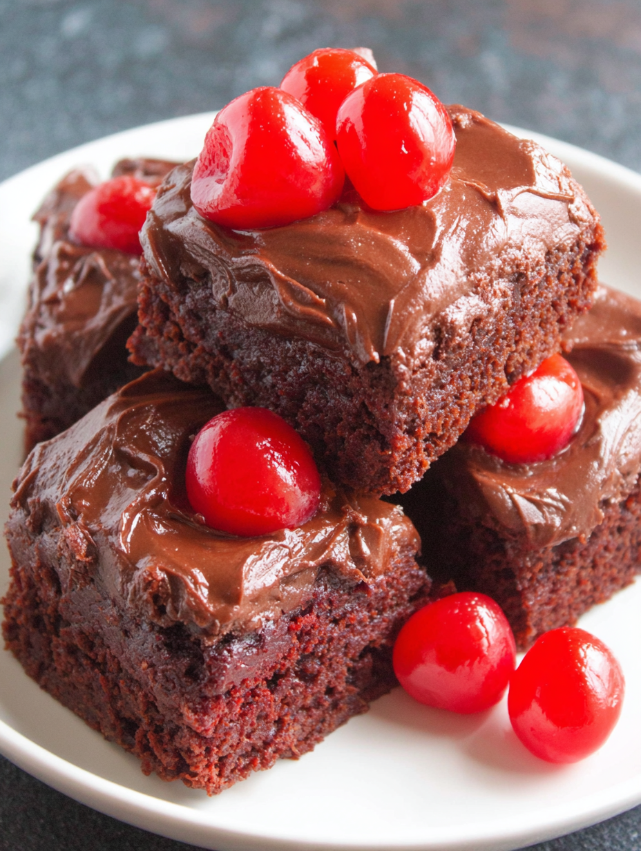 Close-up of a cut chocolate cherry bar showing cherries and frosting