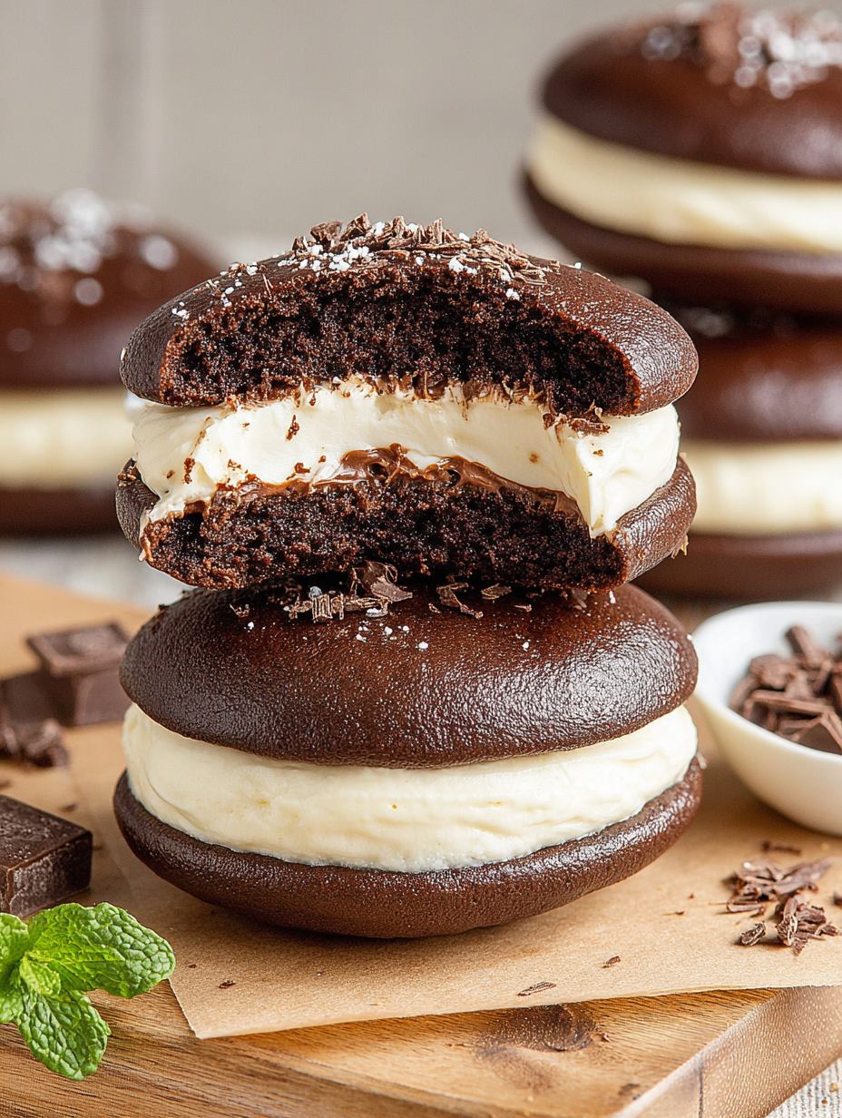 Whoopie pies on a plate with one missing a bite