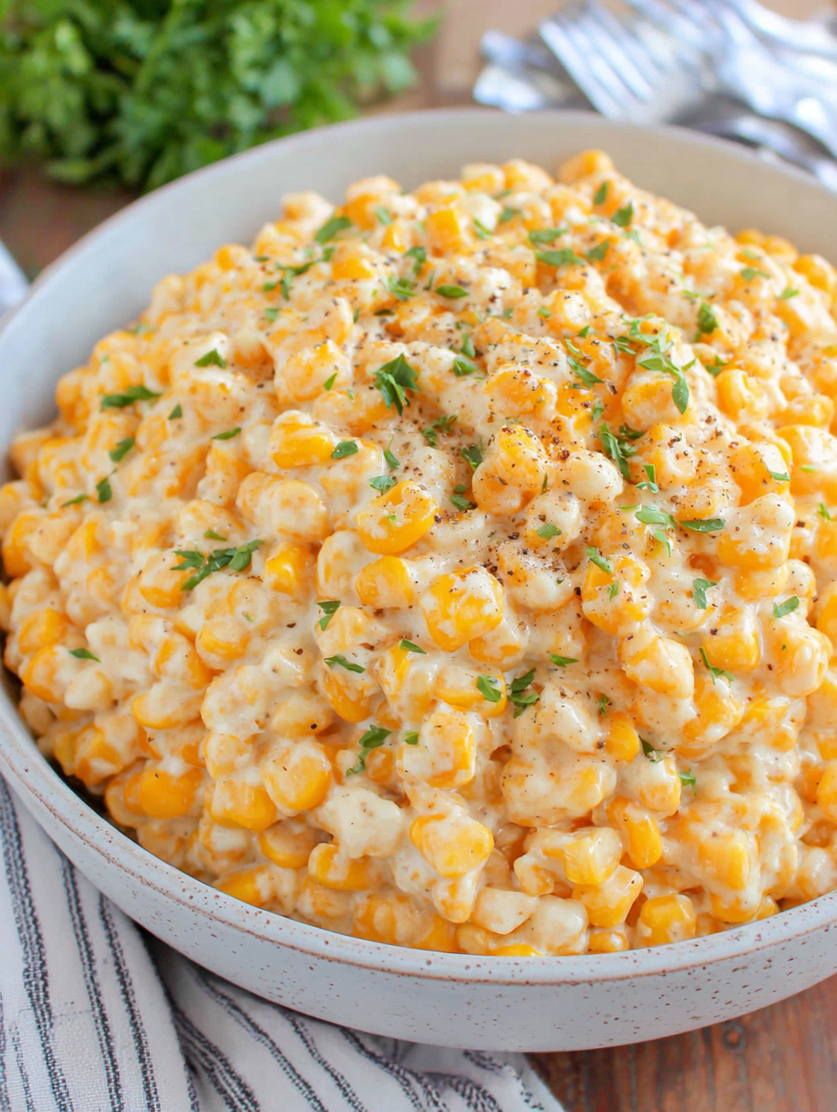 Close-up of creamy corn topped with parsley