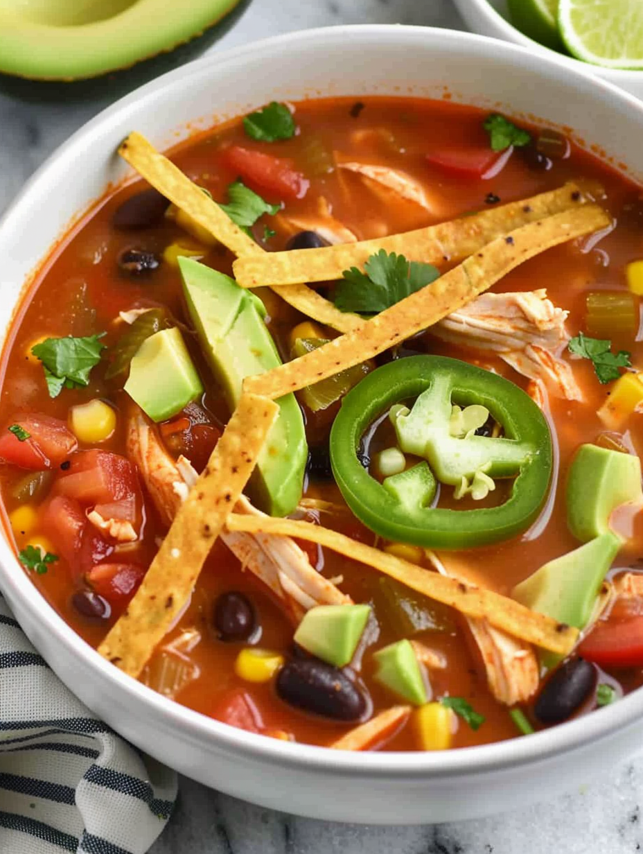 Bowl of chicken tortilla soup with avocado and tortilla strips