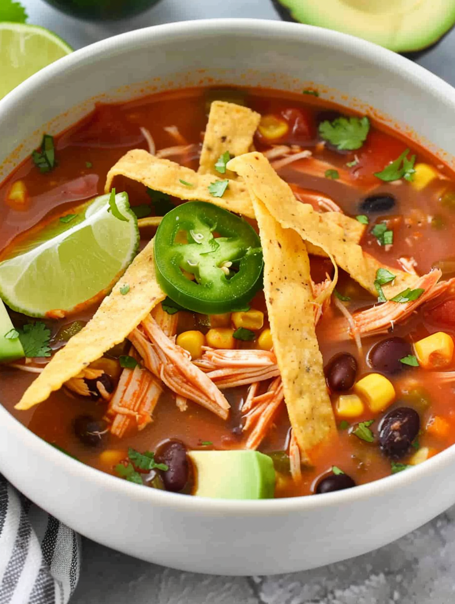 Tortilla strips and lime wedges beside soup