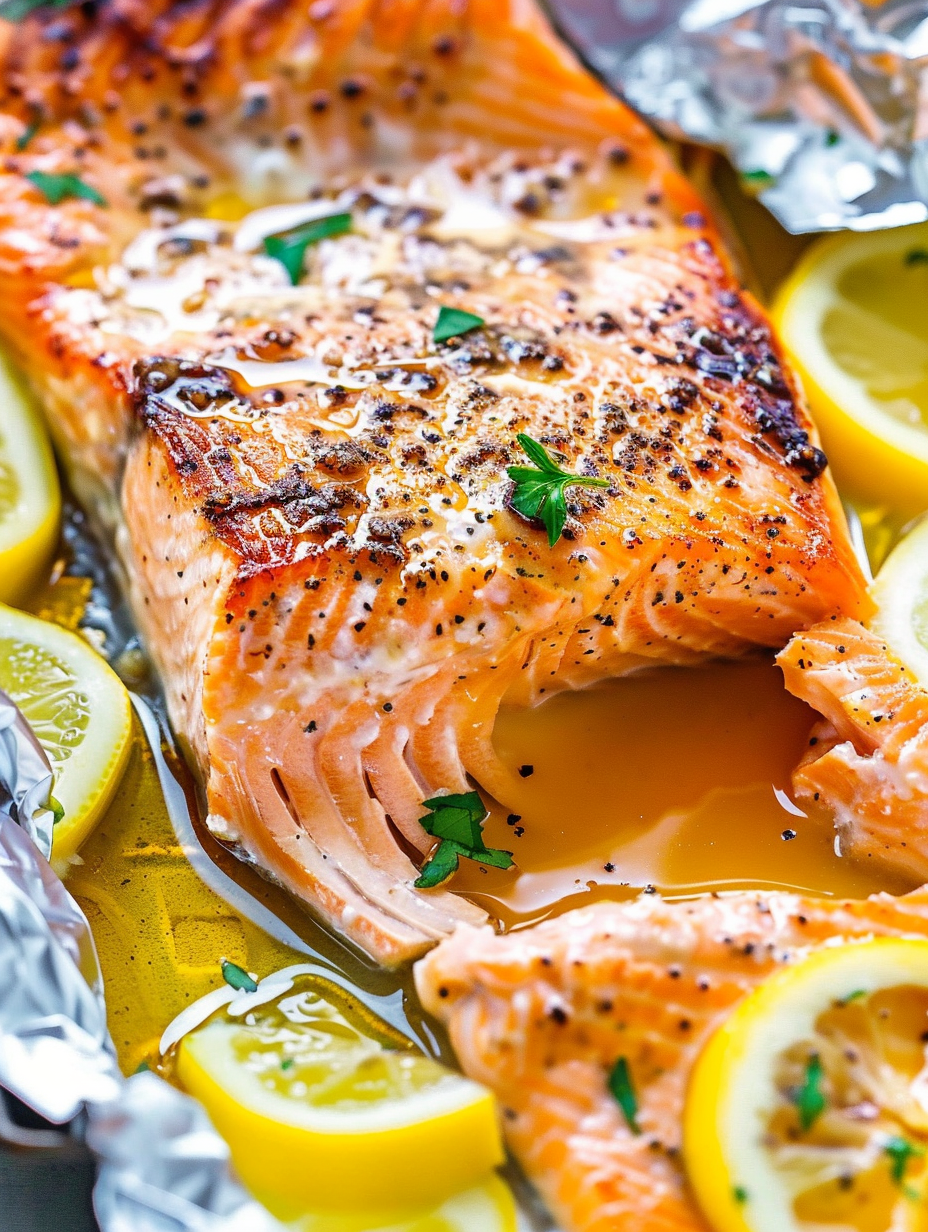 Sheet pan lemon garlic butter salmon on foil with lemon slices