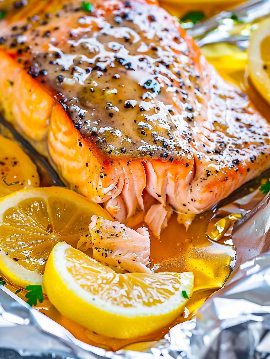 Close up of glazed lemon garlic salmon on sheet pan