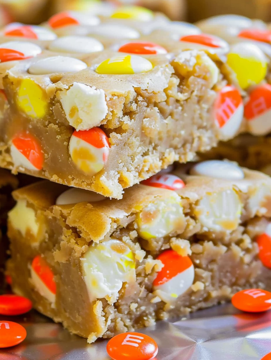 Candy Corn White Chocolate M&Ms blondies cooling in pan