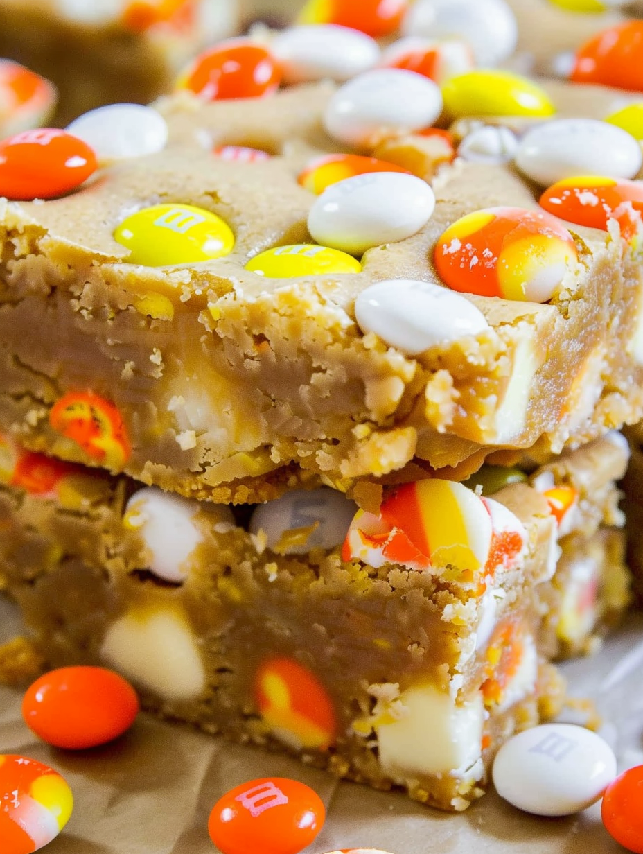 Close-up of blondie squares with white chocolate M&Ms