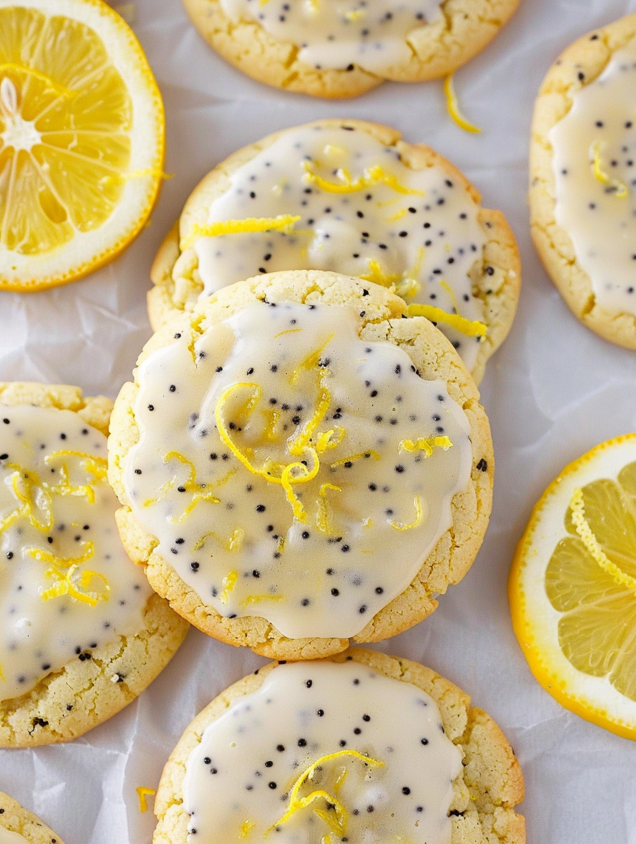 Close up of glazed lemon poppy seed cookie