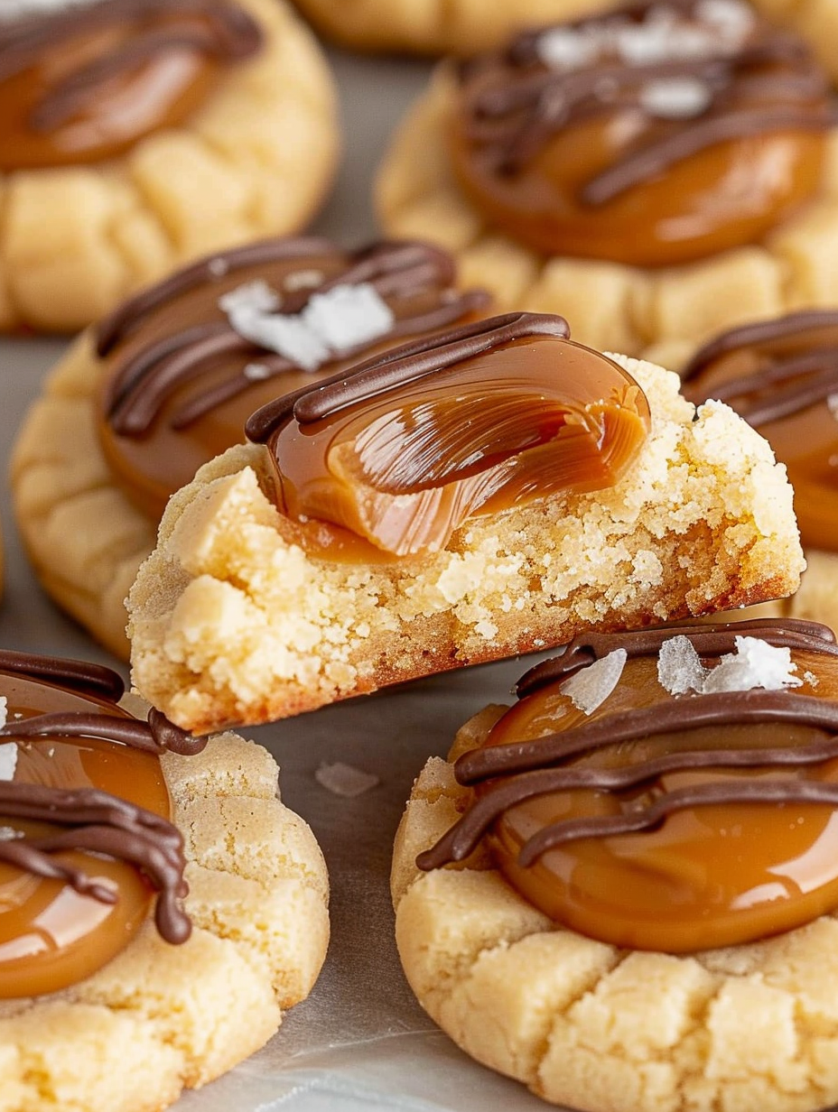 Twix Thumbprint Cookies on a cooling rack