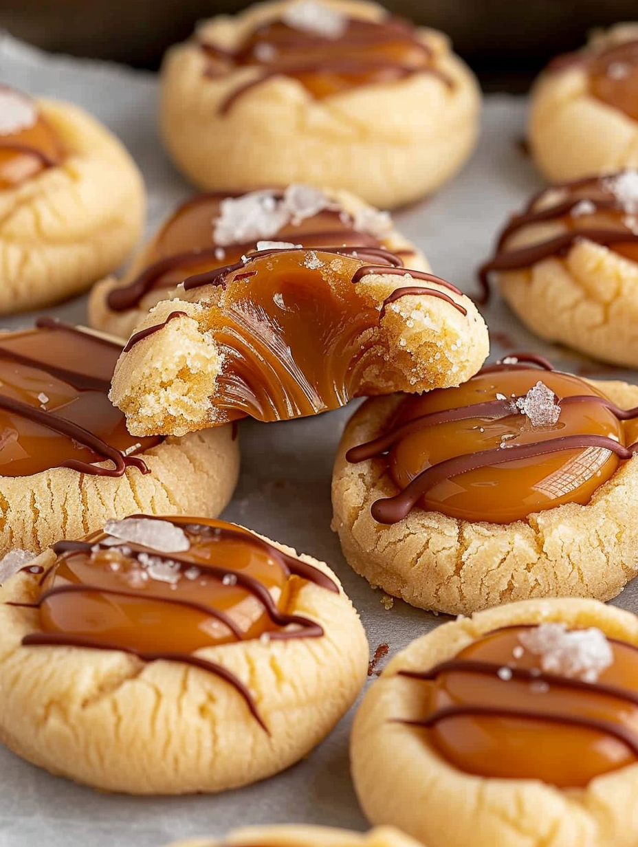 Close-up of caramel-filled thumbprint