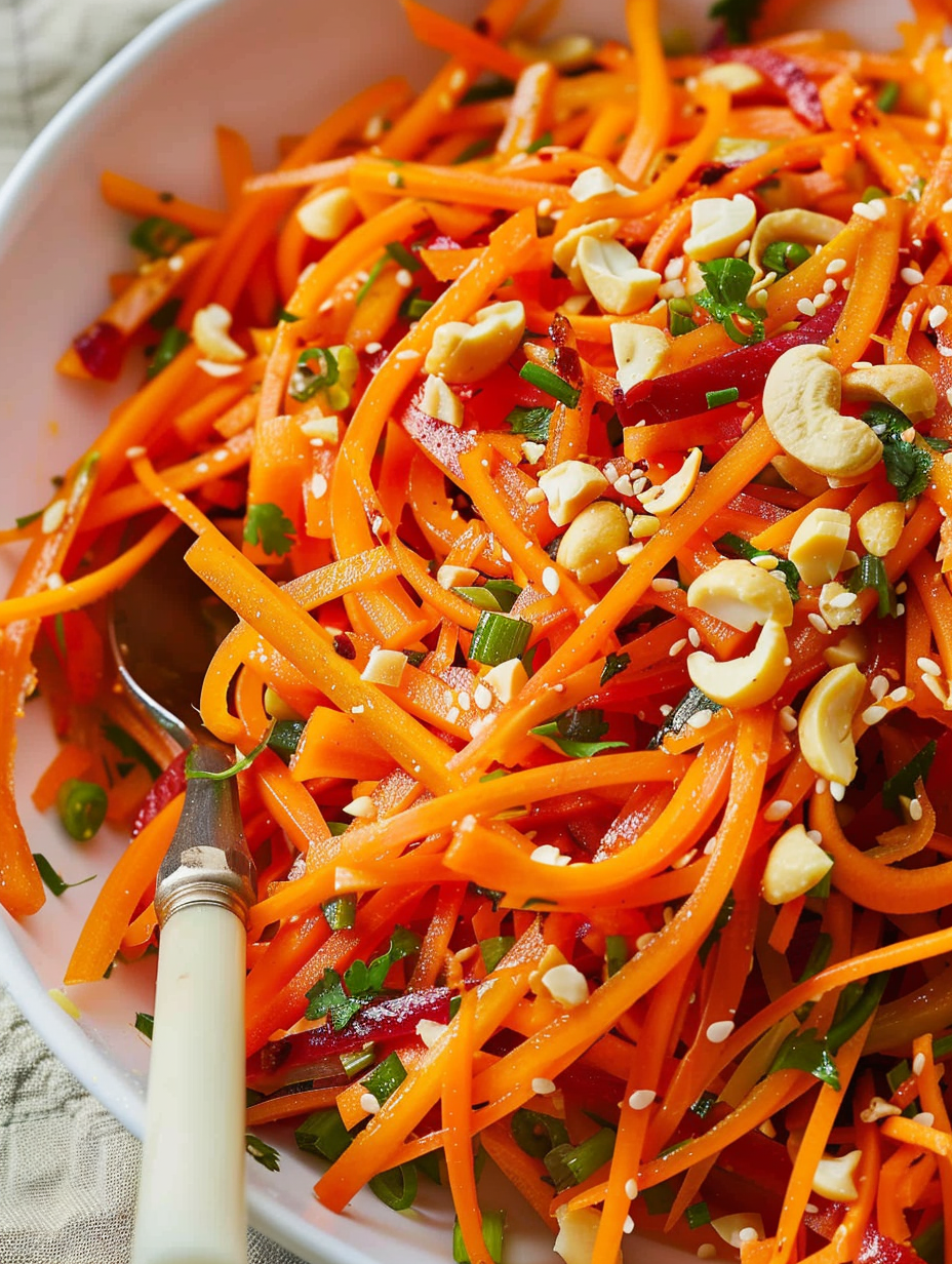 Close-up of Korean carrot salad with cashews