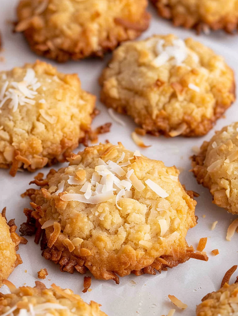 Stack of coconut cookies with toasted coconut flakes