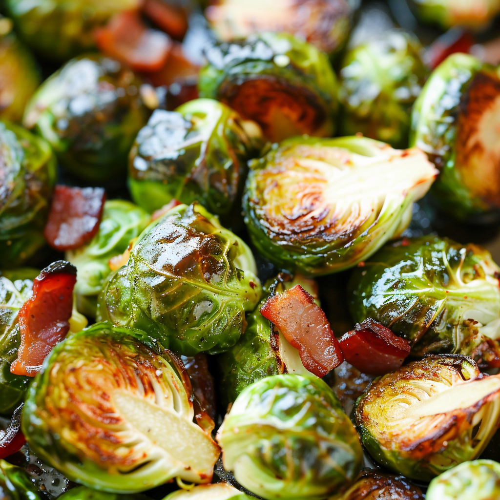 Roasted Garlic Brussels Sprouts with Bacon and Balsamic Glaze