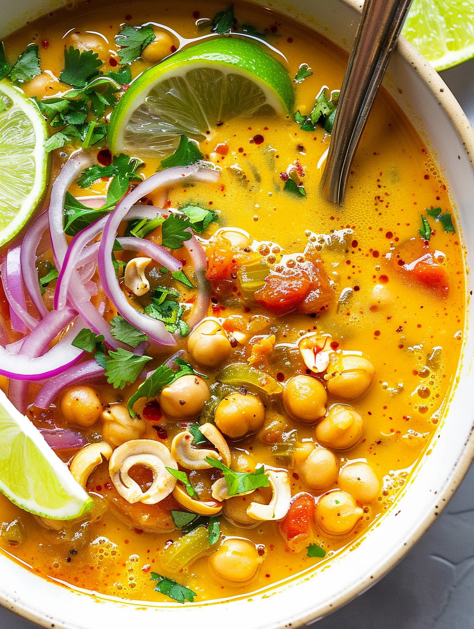 Bowl of chickpea tomato coconut curry soup in a rustic bowl