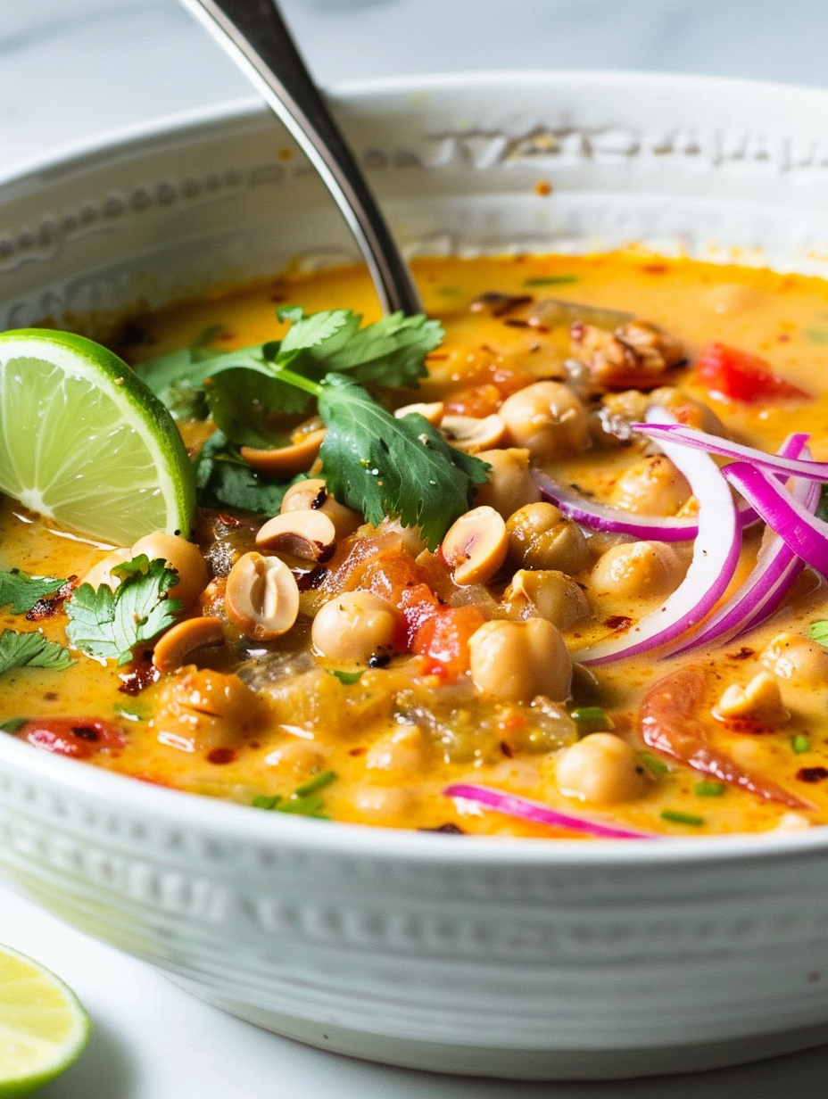 Close-up of curry-spiced nut garnish and cilantro