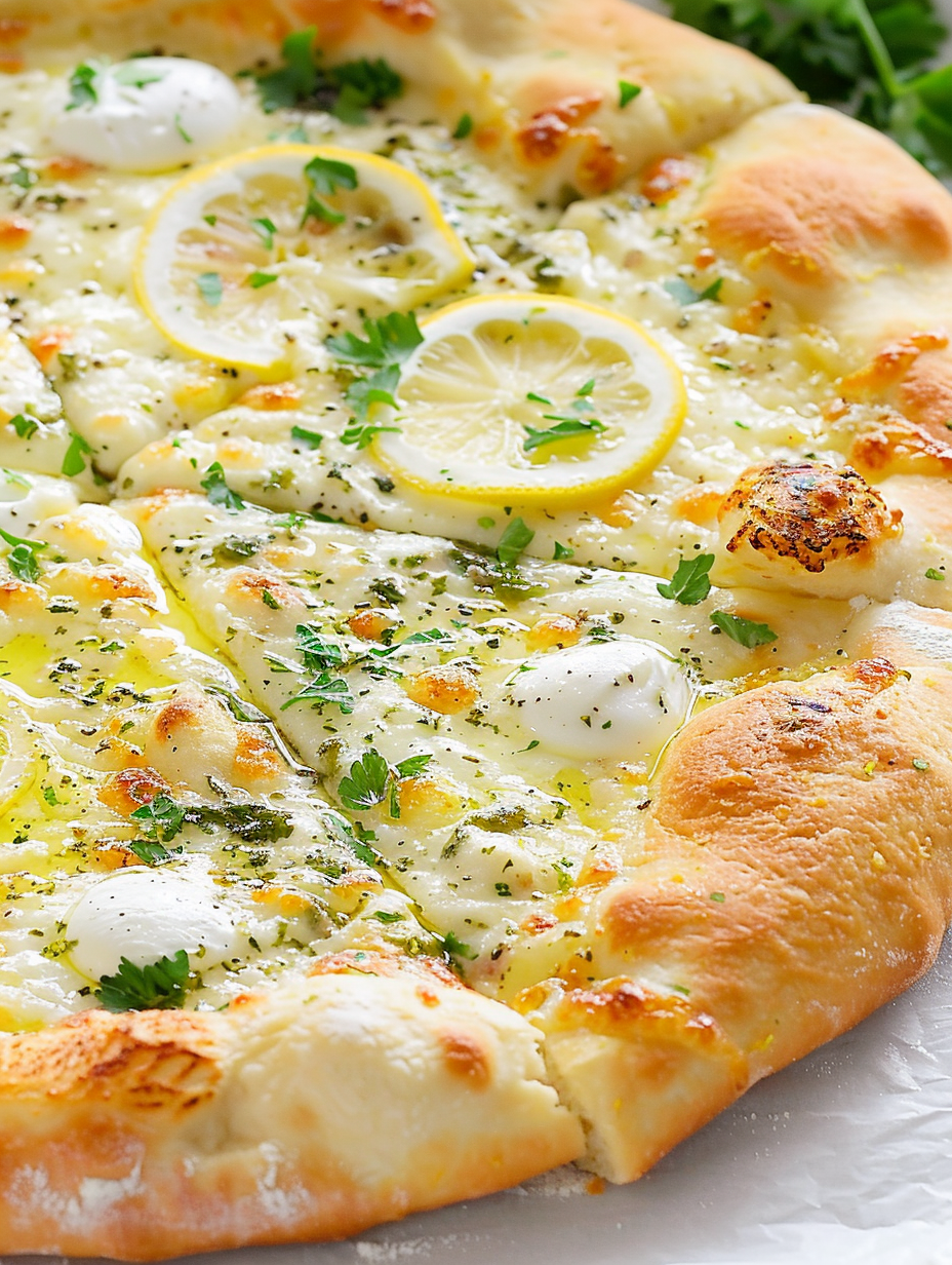 Fresh lemon pizza with mozzarella and parsley